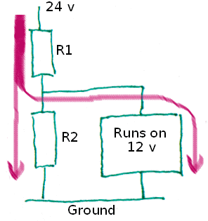 Schematic of loaded voltage divider with arrows for current